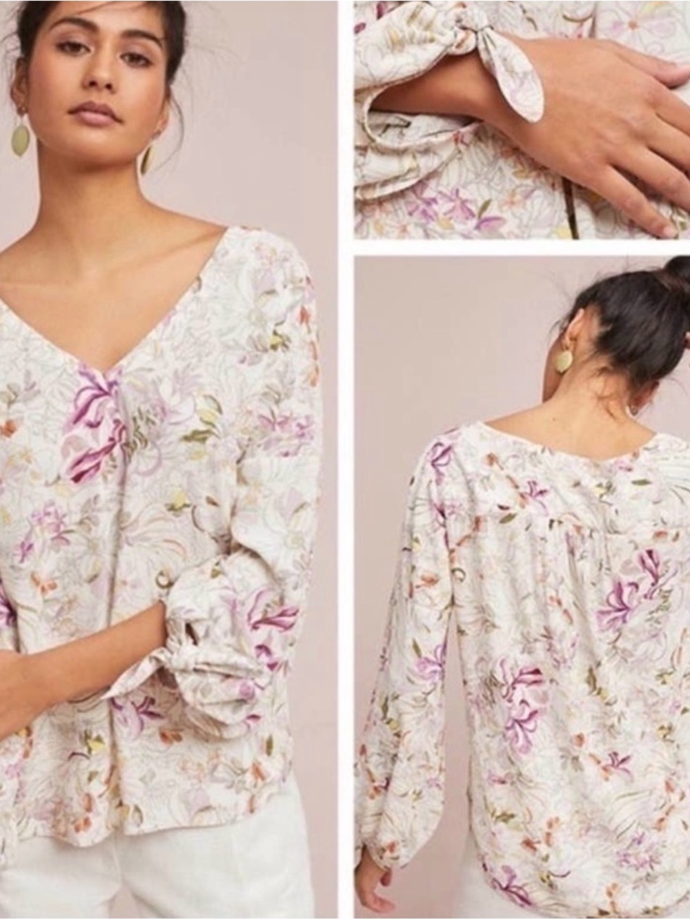 Anthropologie Maeve XS Pernille Floral Blouse Top Womens Small Tie-Sleeve Boho